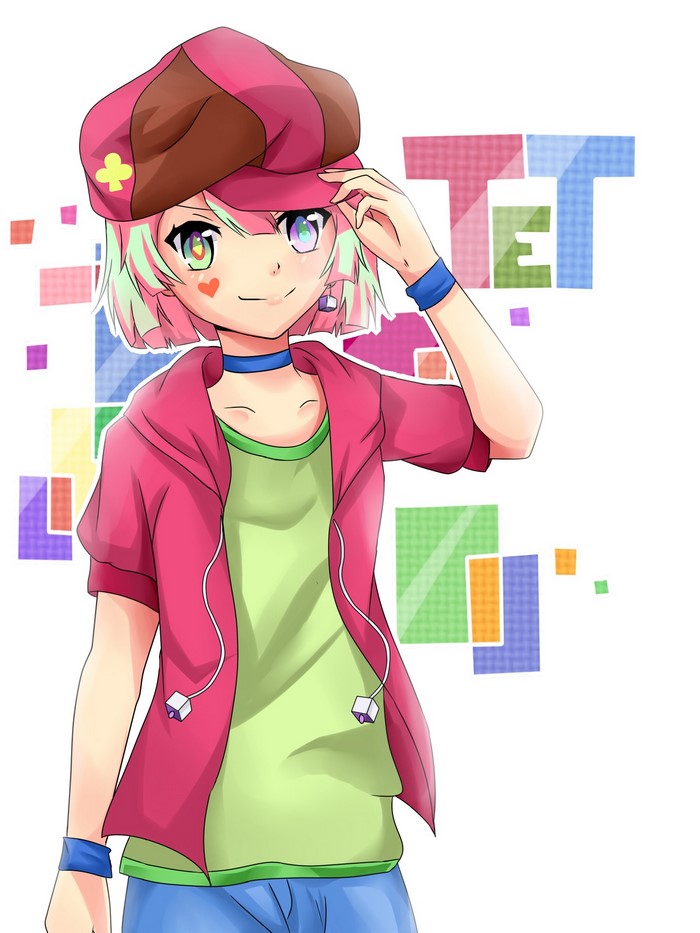 Anime character with colorful hair and hat