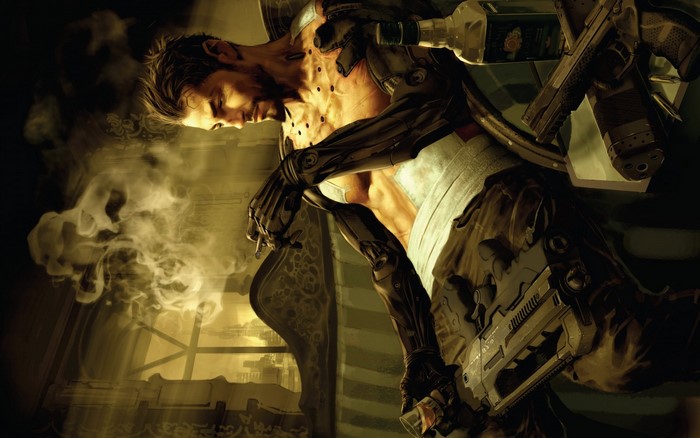 Adam Jensen from Deus Ex: Human Revolution with guns and whiskey