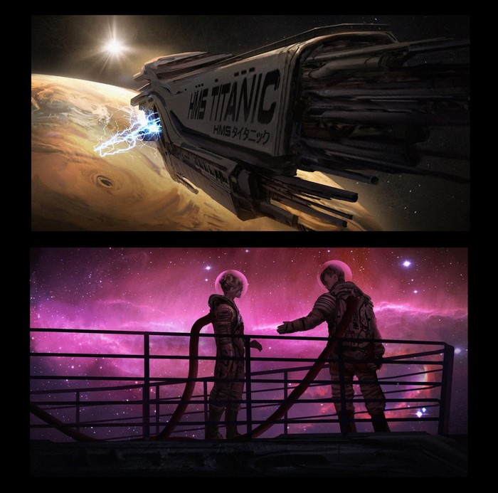 HMS Titanic spaceship near a planet, astronauts in space