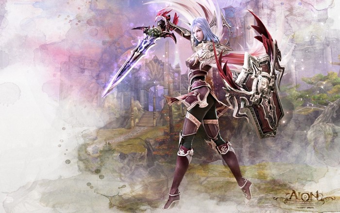 Woman warrior with sword and shield from Aion