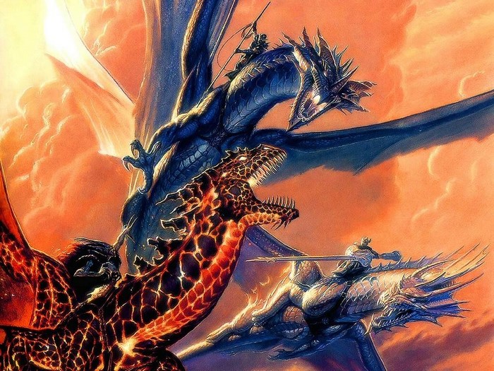 Dragons and knights in battle