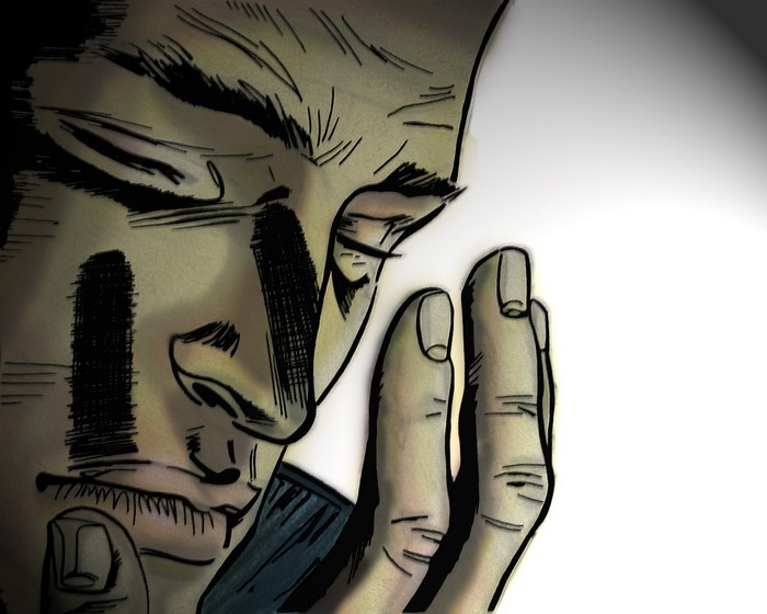 Illustration of a person with eyes closed and hand to face