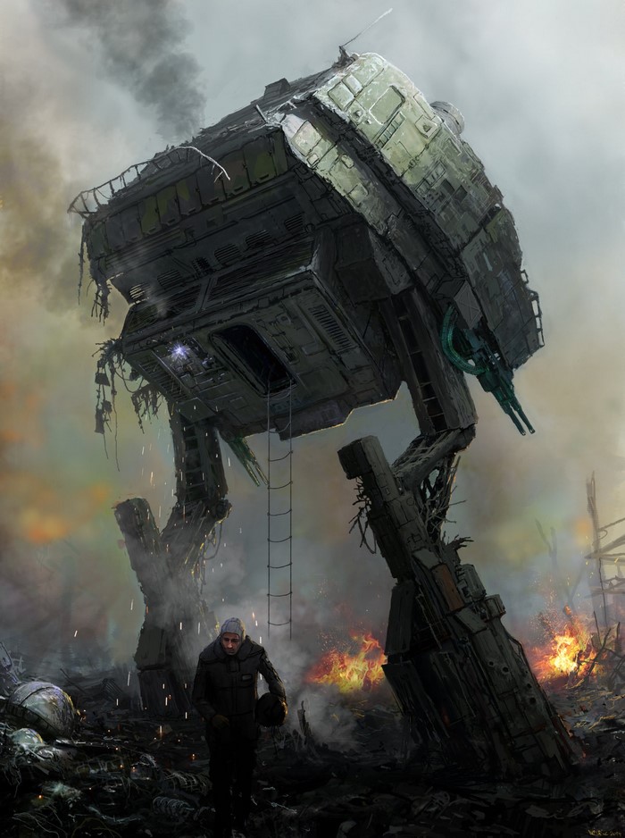 Destroyed mech in a post-apocalyptic landscape