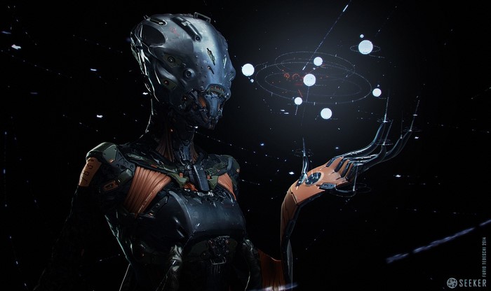 Robot interacting with holographic solar system