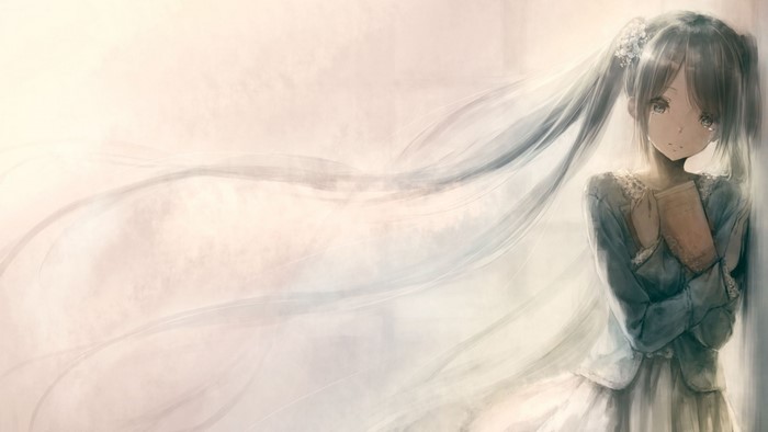 Melancholic Hatsune Miku with Book and Flowing Veil