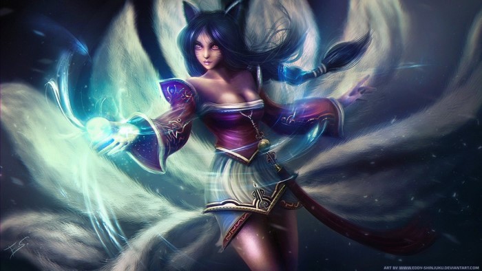 Ahri from League of Legends casting a spell