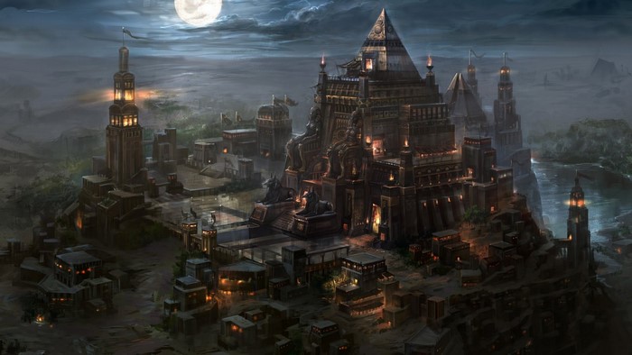Fantasy cityscape at night with a pyramid and towers
