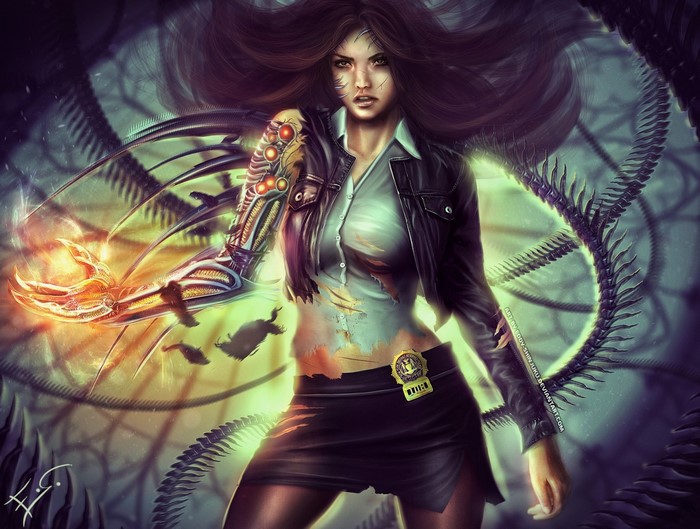 Witchblade woman warrior with cybernetic arm