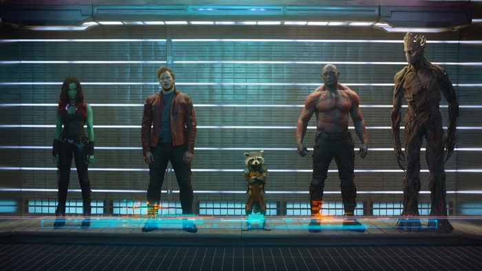Guardians of the Galaxy characters standing in a line