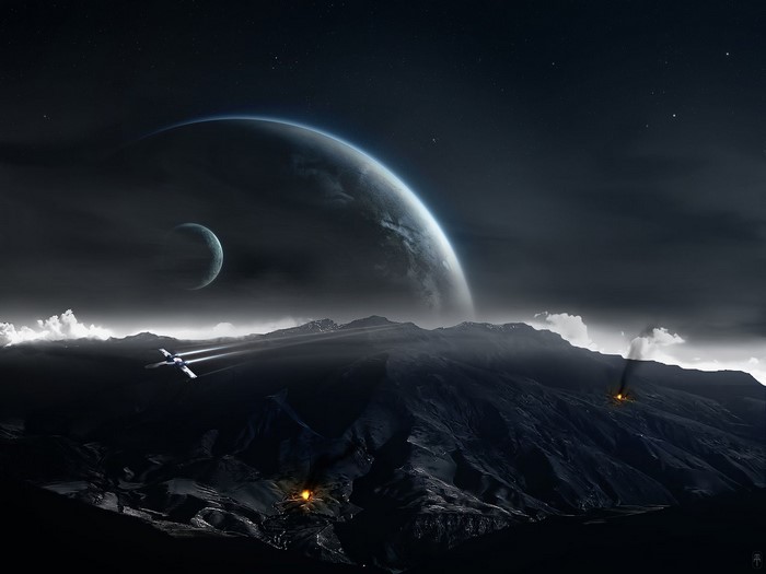 Star Wars space battle over a mountainous planet