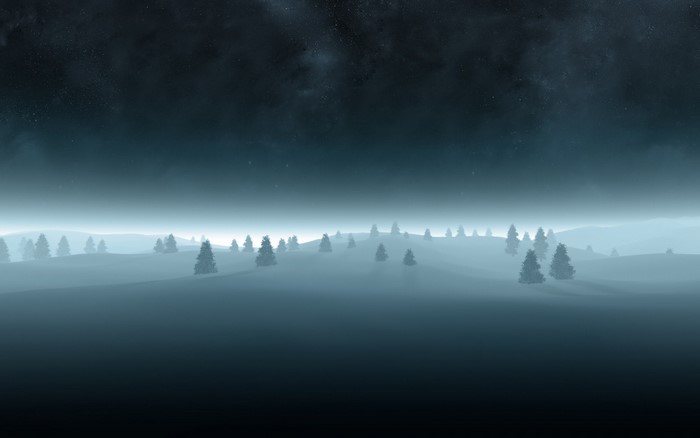 Misty winter landscape with trees under a starry sky