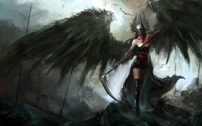 Fantasy art of a winged warrior with a sickle