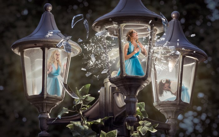 Women trapped in broken lanterns, digital art