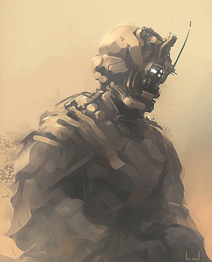 Sci-fi soldier in a dusty environment