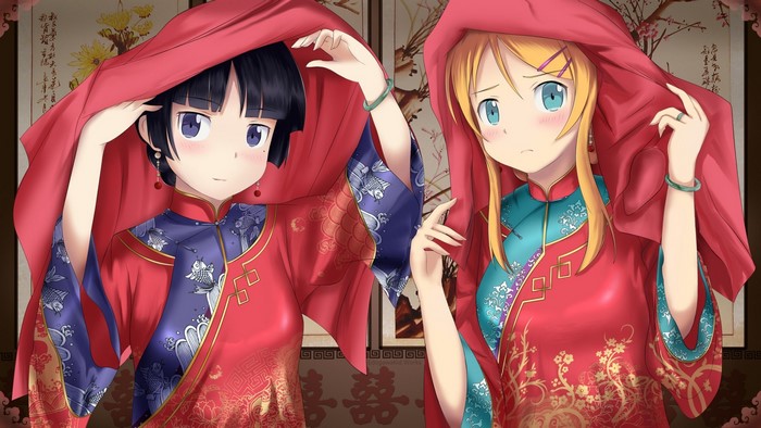 Kirino and Kuroneko from Ore no Imouto ga Konnani Kawaii Wake ga Nai in traditional clothing