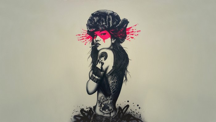 Tattooed woman with fur hat and pink face paint
