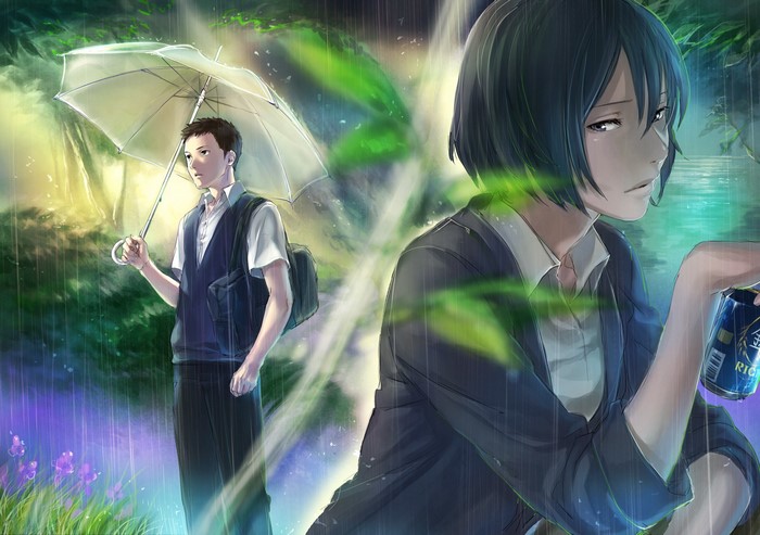 Yukino Yukari and Akizuki Takao from The Garden of Words in the rain