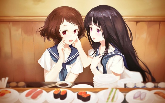 Anime girls in school uniforms at a sushi restaurant