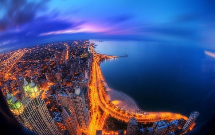 Chicago cityscape at dusk with Lake Michigan