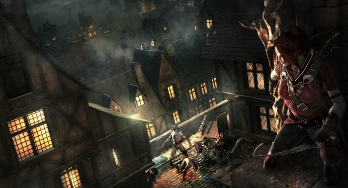 Fantasy art of a woman with a bow in a dark city