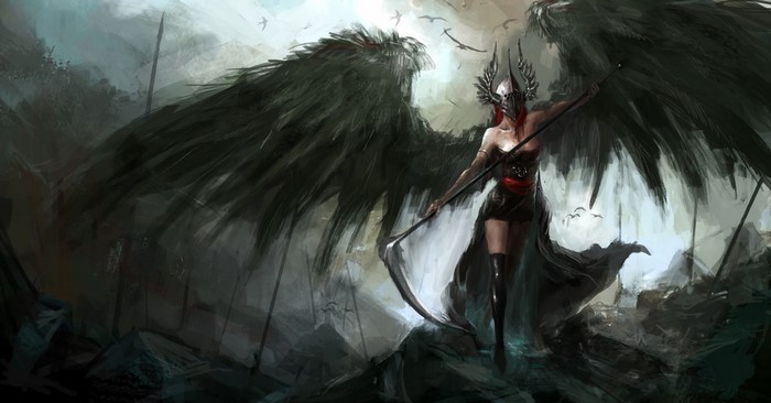 Fantasy art of a winged woman with a scythe