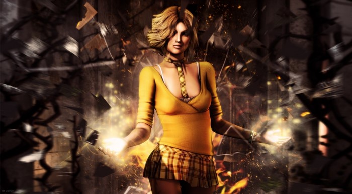 Girl with magical powers in a destroyed environment