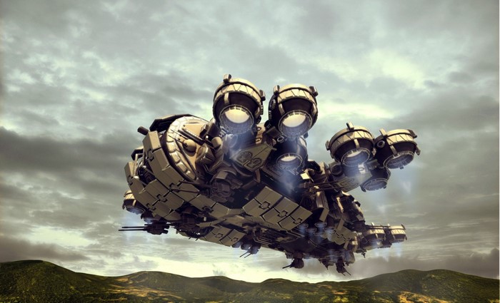 Thunderbolt Gunship flying through cloudy skies over hills