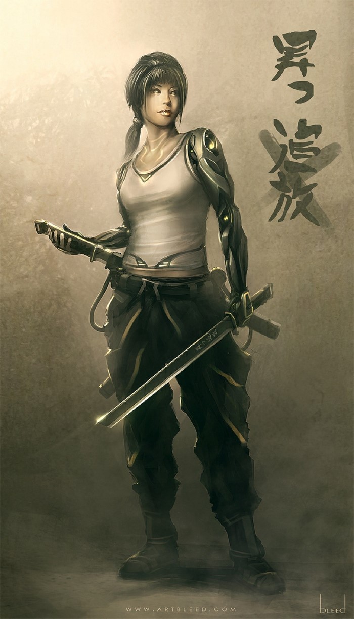 Cyberpunk woman warrior with cyborg arm and swords