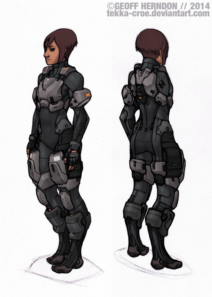 Female soldier in futuristic armor, front and side view