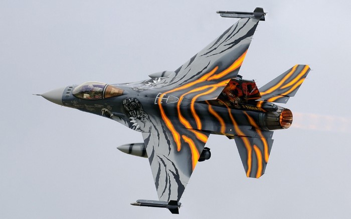 F-16 Fighting Falcon with tiger paint scheme in flight