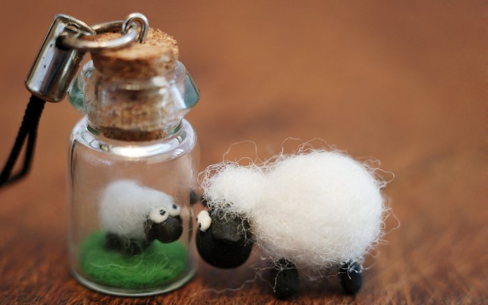Two felt sheep, one in a bottle