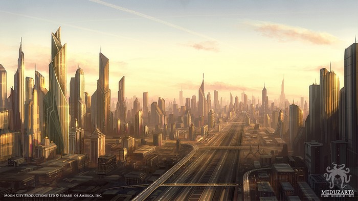 Futuristic cityscape at sunrise or sunset