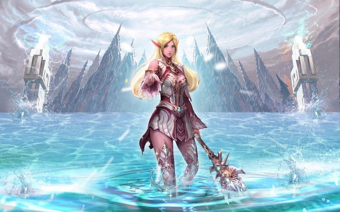 Elf warrior standing in water with fantasy landscape