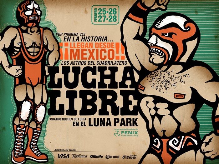 Lucha Libre poster with Mexican wrestlers at Luna Park
