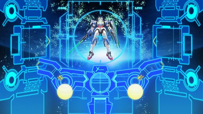 Gundam 00 in a futuristic holographic display