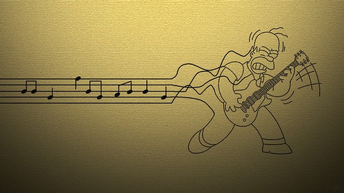 Homer Simpson playing guitar with musical notes