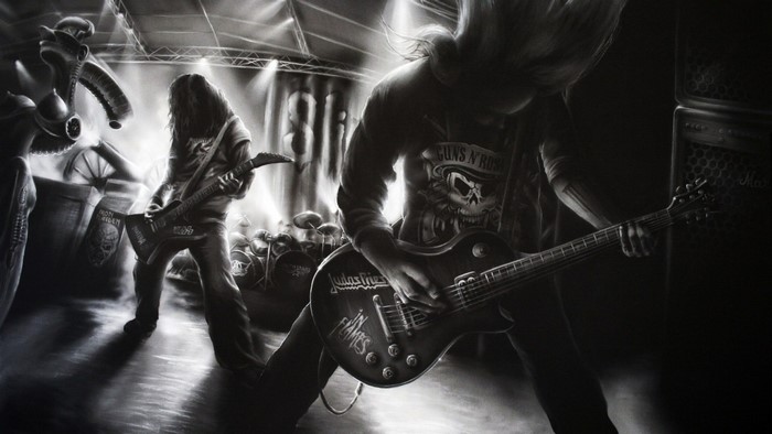 Monochrome rock band performing on stage