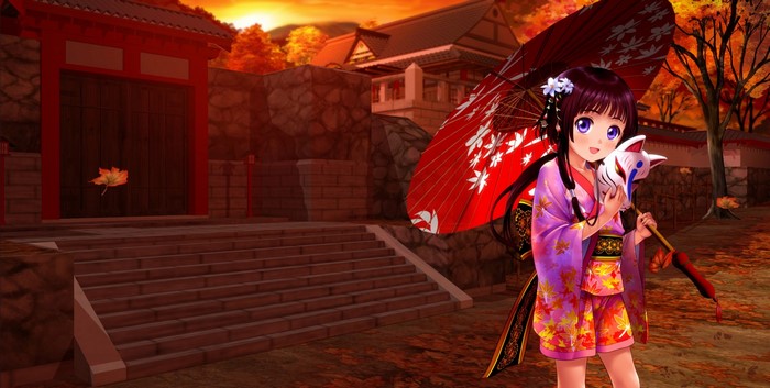 Girl in Kimono Holding Fox Mask and Umbrella