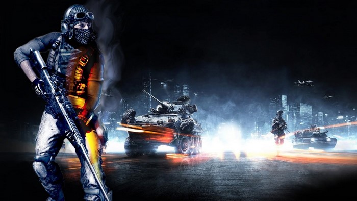 Soldier with sniper rifle and tanks in city at night