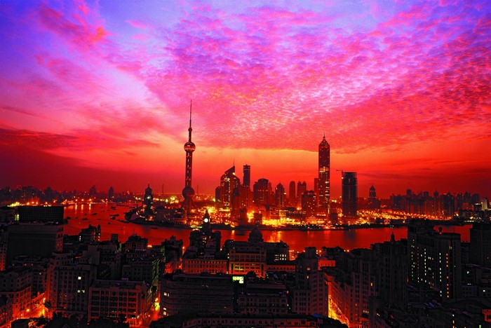 Shanghai skyline at sunset with Oriental Pearl Tower