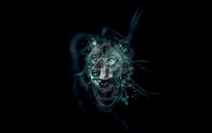Abstract wolf head with green glowing elements