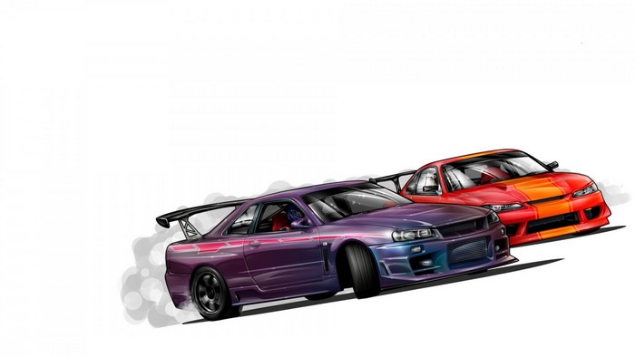 Purple Nissan Skyline R34 and Red Nissan S15 Drifting