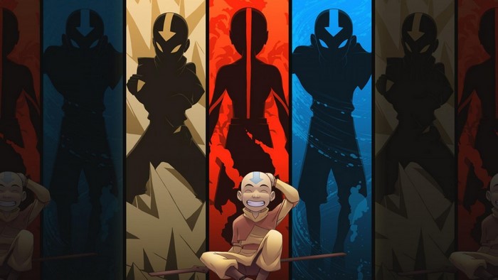 Aang from Avatar The Last Airbender with elemental silhouettes