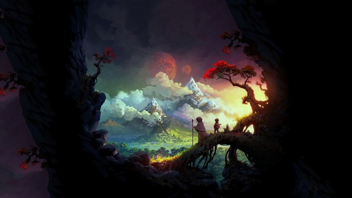 Fantasy landscape with two figures on a tree bridge