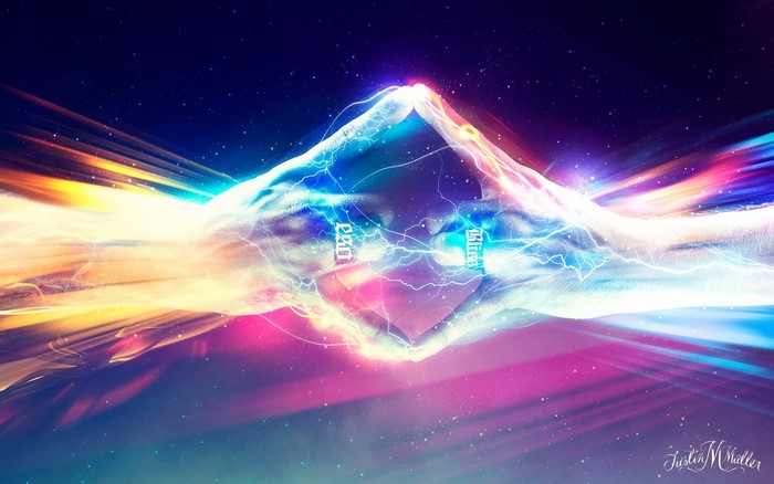 Abstract cosmic hands with light and lightning