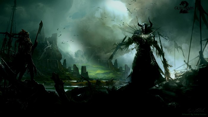 Guild Wars 2 artwork with dark figures and ruins