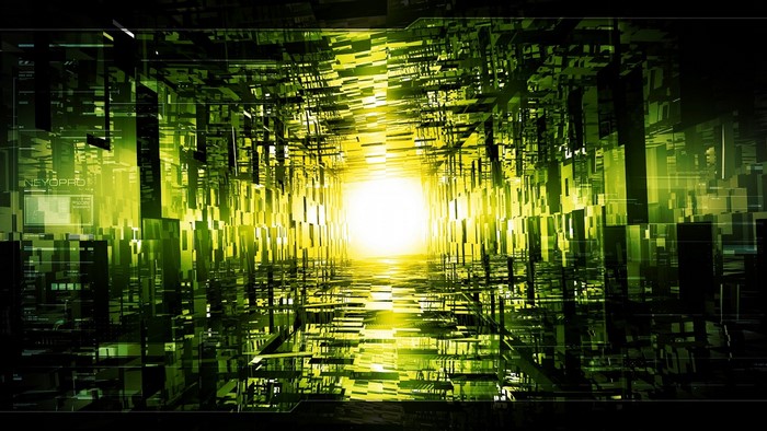 Abstract green digital tunnel with bright light