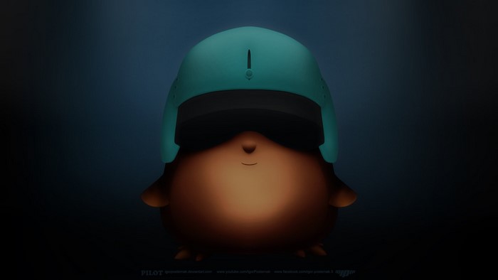 A cartoon character wearing a blue helmet