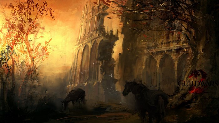Artwork of Guild Wars 2 Ascalon Catacombs with horses