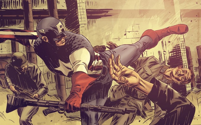 Captain America fighting Nazi soldiers in a comic book illustration